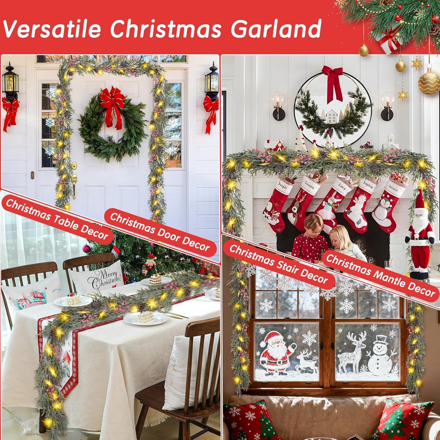 Child Friendly Prelit Christmas Garland with Cool LED Bulbs – 6FT Battery Operated Greenery for Family Living Room and Toy Shelf