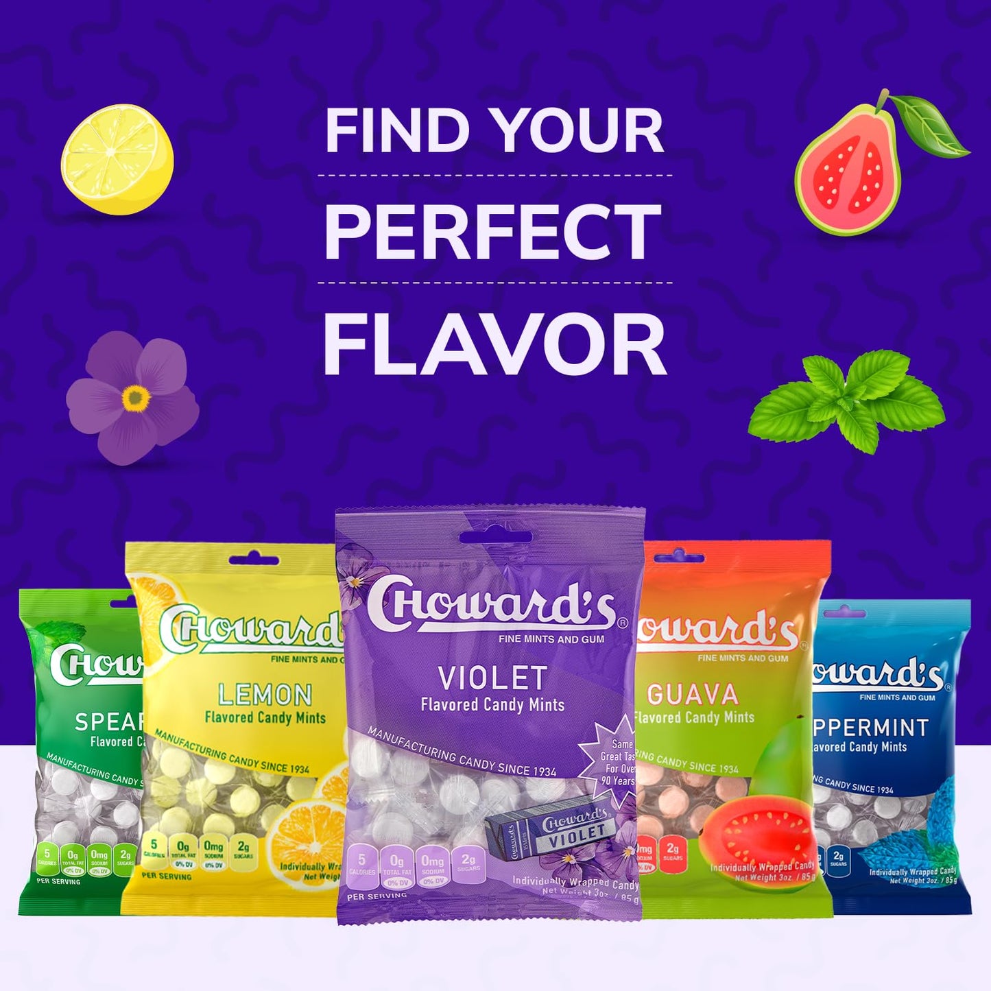 Choward's Violet Mints Candy Bag – Thoughtful Housewarming Gift, 3 Pack of 49 Individually Wrapped Vintage Mints