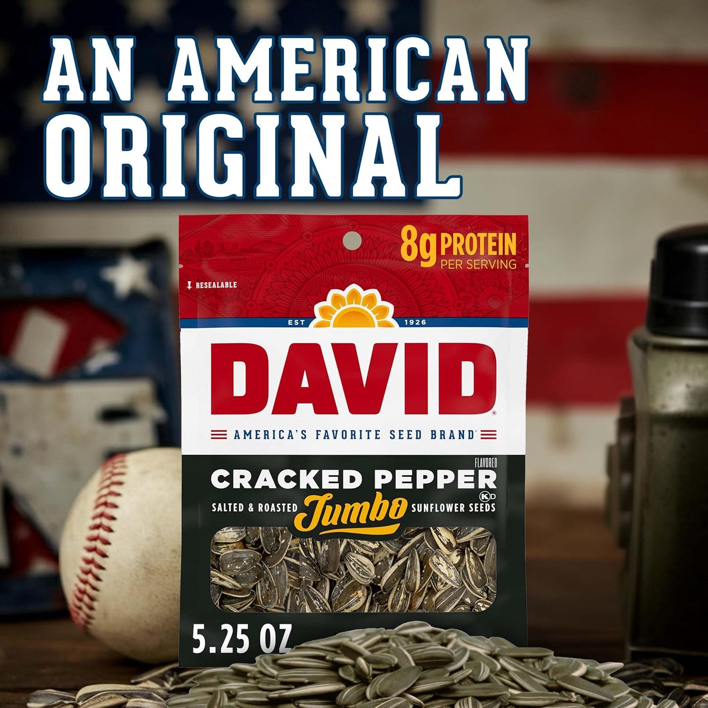 DAVID Jumbo Sunflower Seeds Cracked Pepper – All-Day Hiking and Picnic Snack with Resealable Bag for Outdoor Adventures, 5.25 oz
