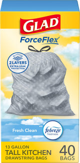 Glad OdorShield Drawstring Trash Bags – LeakGuard Protection for Diaper and Toddler Mess Areas, 13 Gallon 40 Count
