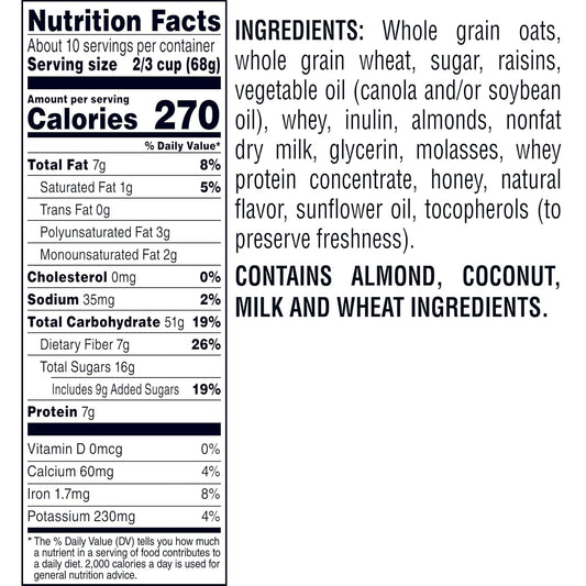 made with whole grain oats, real honey, raisins, and almonds