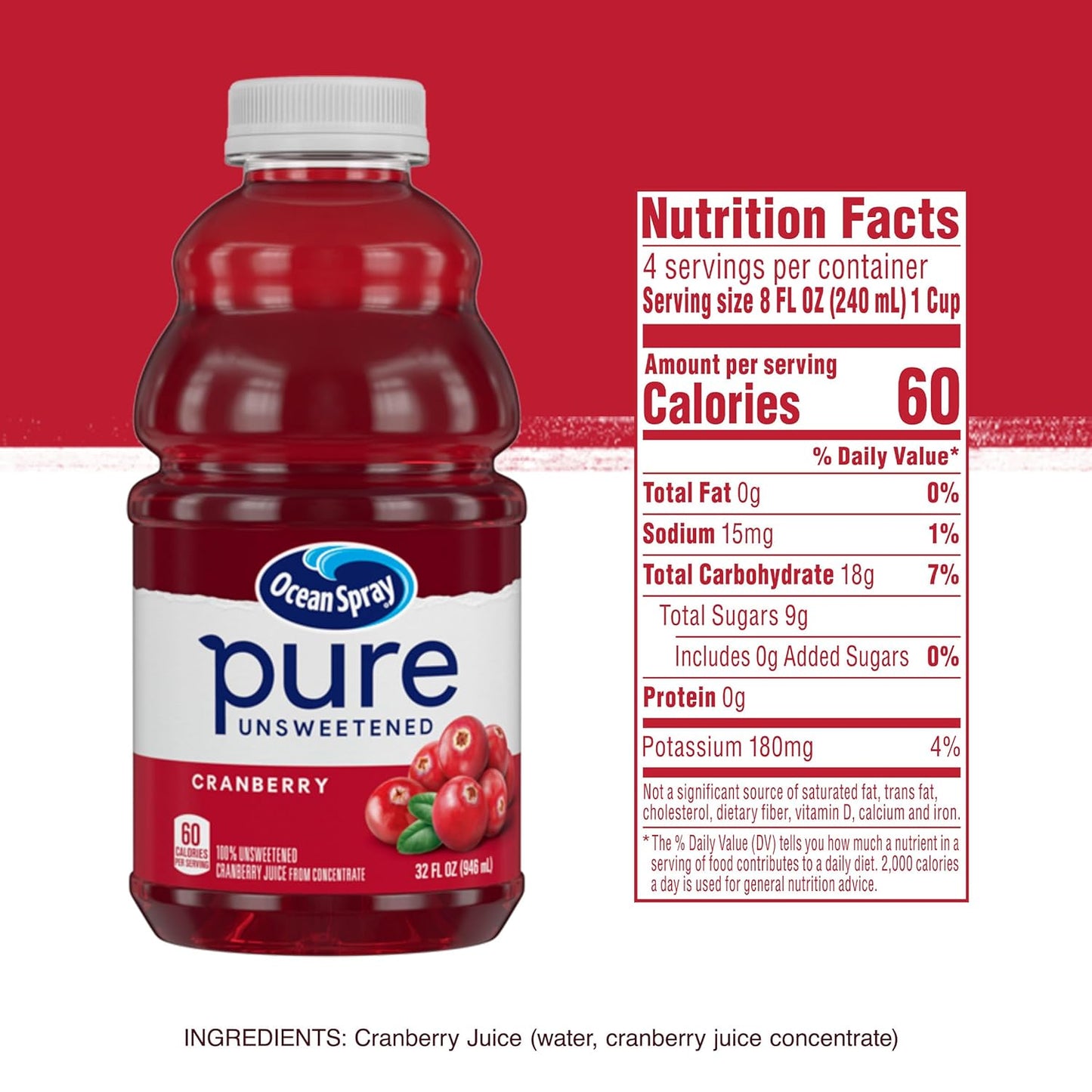 Ocean Spray® Pure Unsweetened Cranberry Juice – No-Added-Sugar Drink for Children's Lunchboxes, 32 Fl Oz Bottle