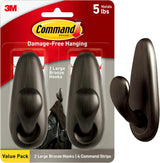 Command Metal Wall Hooks for Farmhouse Entryway Decor, Oil Rubbed Bronze Hook Pair