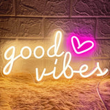 Good Vibes Neon Sign – Housewarming Gift for Women, 16x8 Inch Heart LED Neon Light for Living Room