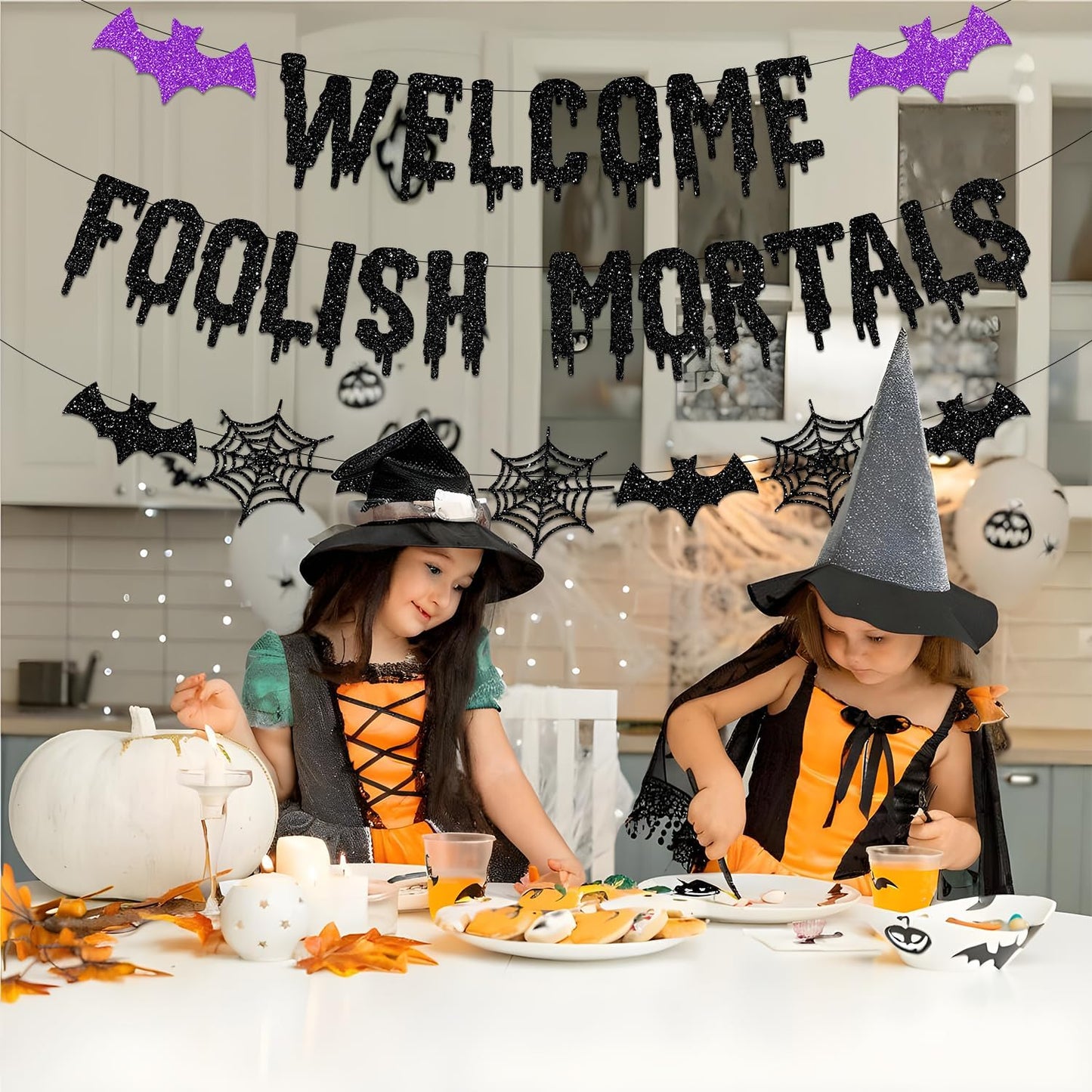 Welcome Foolish Mortals Halloween Wall Banner – Versatile Indoor and Covered Outdoor Decor for Spooky Season Gatherings