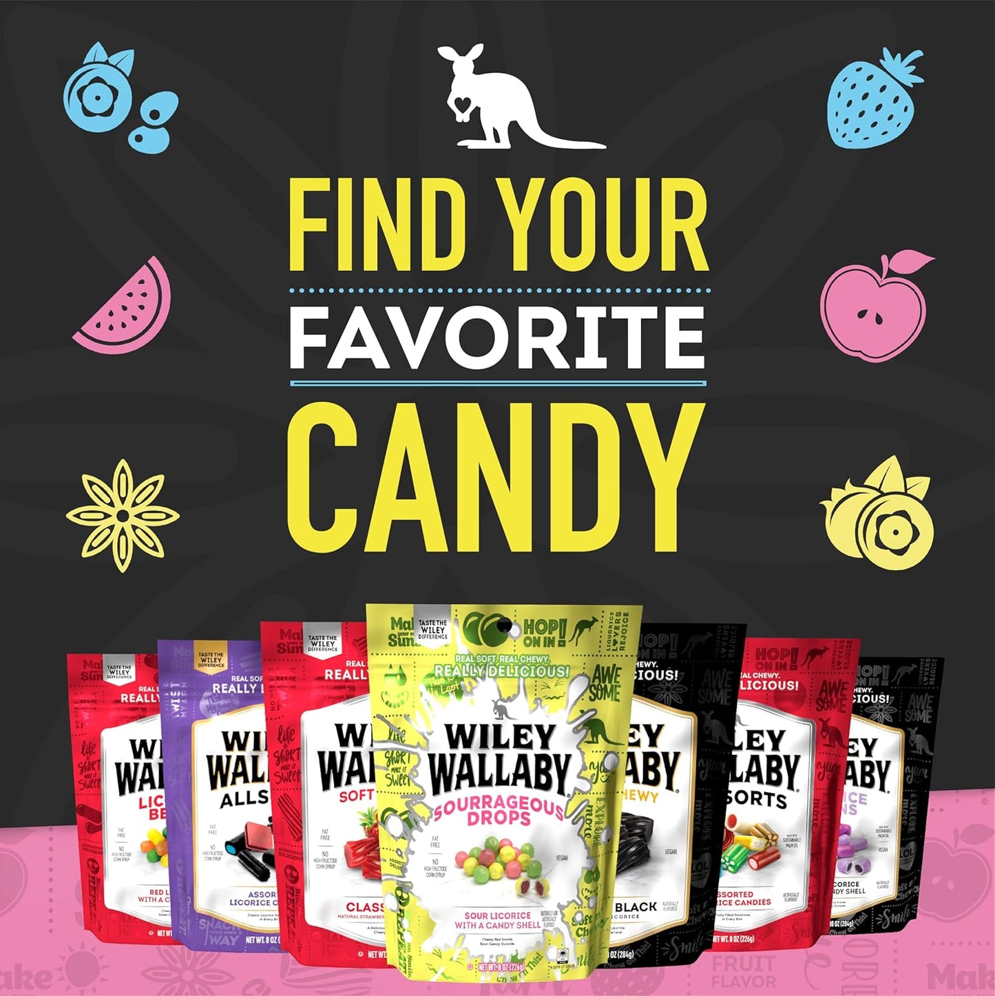 Wiley Wallaby Australian Style Assorted Licorice – Portable Resealable Bag for Hiking, Fishing, and Tailgating Trips