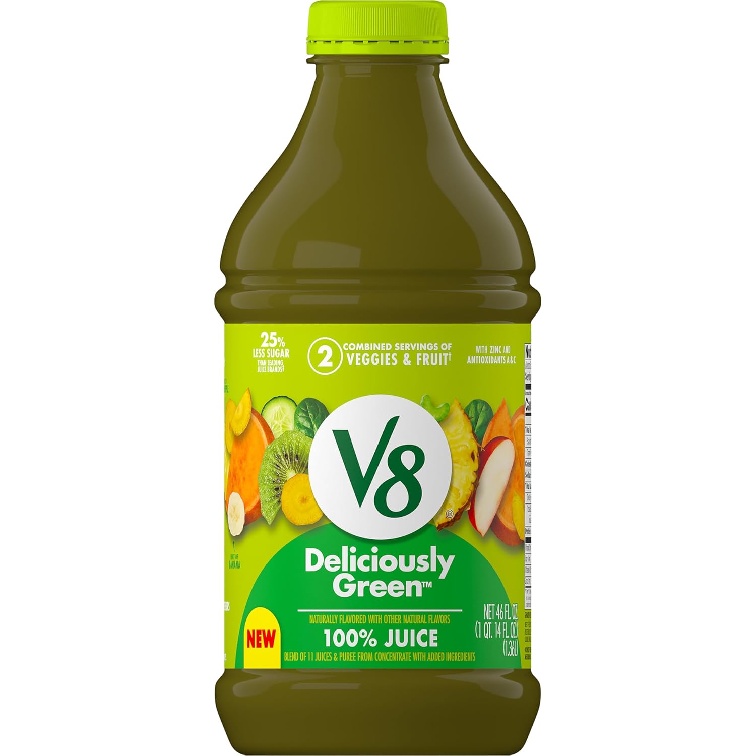 100% fruit and vegetable juice blend (e.g., cucumber, celery, spinach, kiwi, apple, pineapple in the green variety)