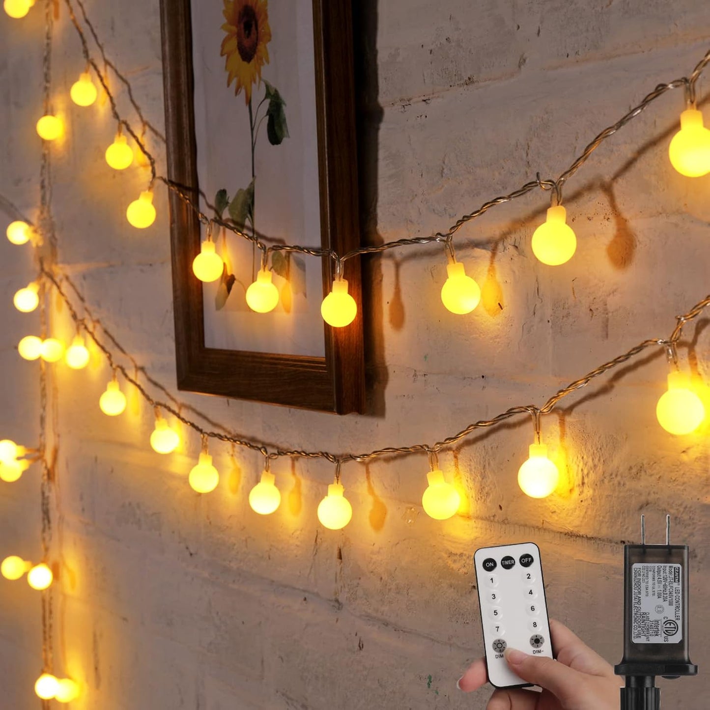 100 led bulbs on 33 ft string (66 ft variant available) with 0.7-inch plastic globe shades and 4-inch bulb spacing