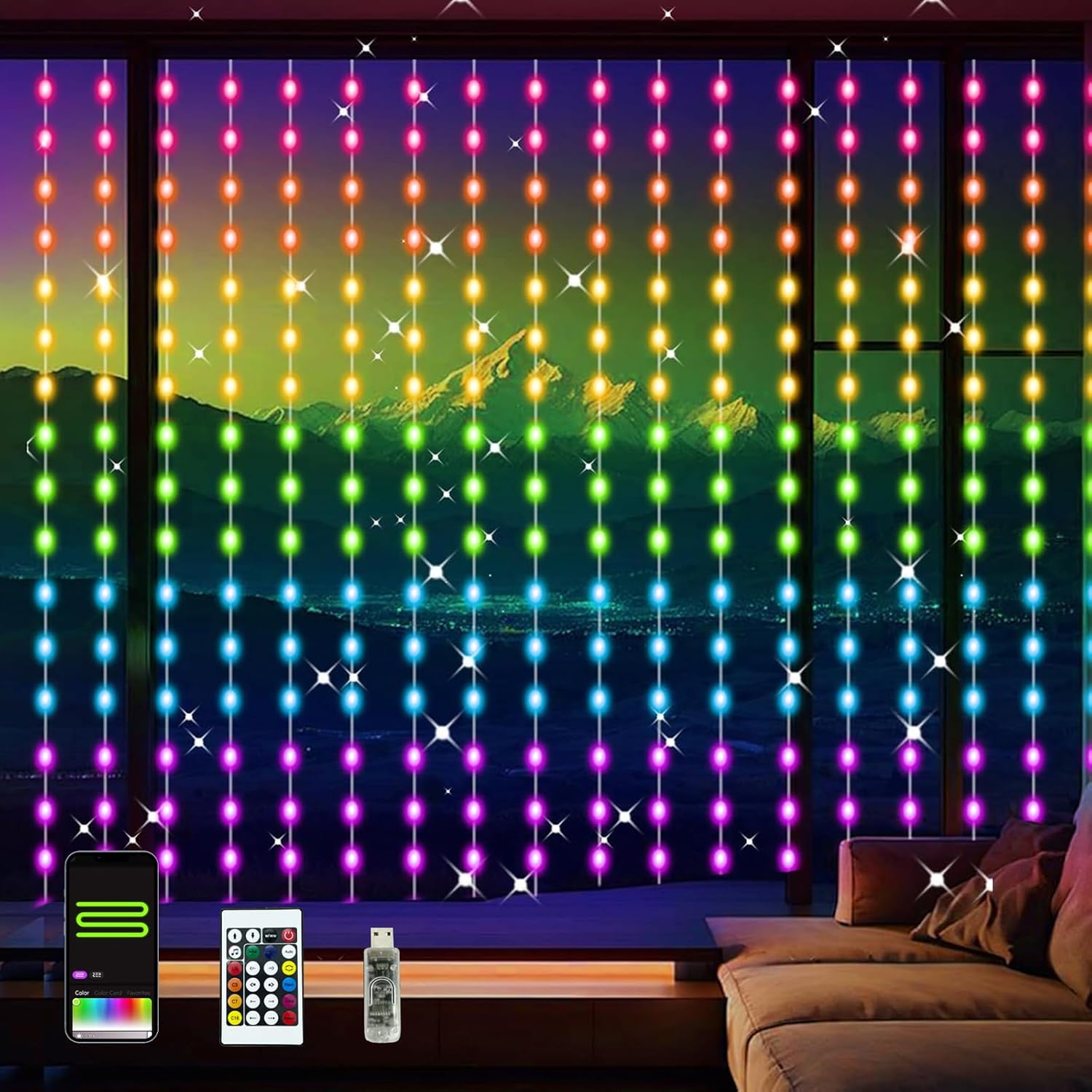 144 led curtain string lights on 8ft x 6ft drape with 5050 rgb built-in chip