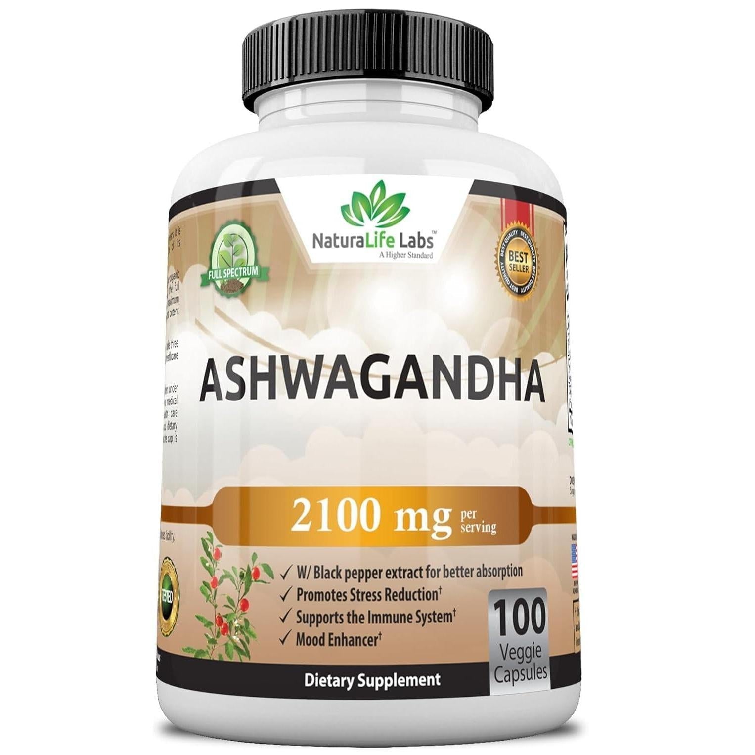 2,100 mg ashwagandha per serving combining organic root powder and standardized root extract
