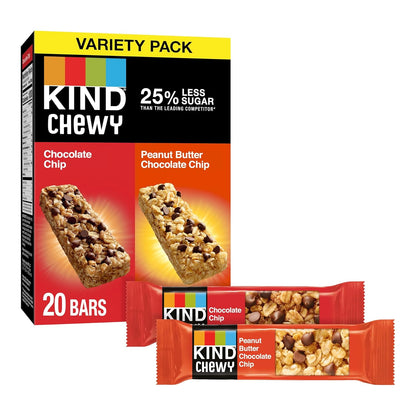 20-count variety pack with 10 peanut butter chocolate chip and 10 chocolate chip bars