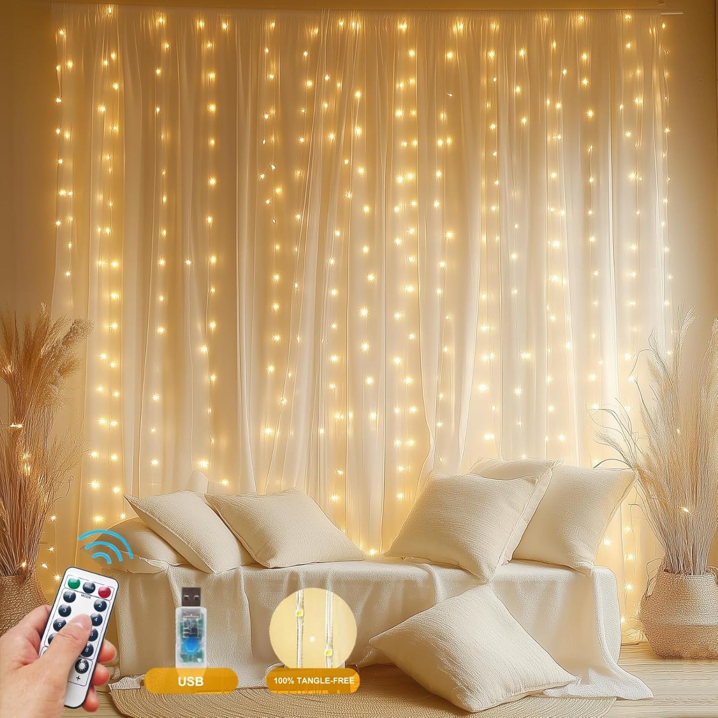 200 super-bright warm white led bulbs (2700k) on 6.6x6.6ft curtain grid