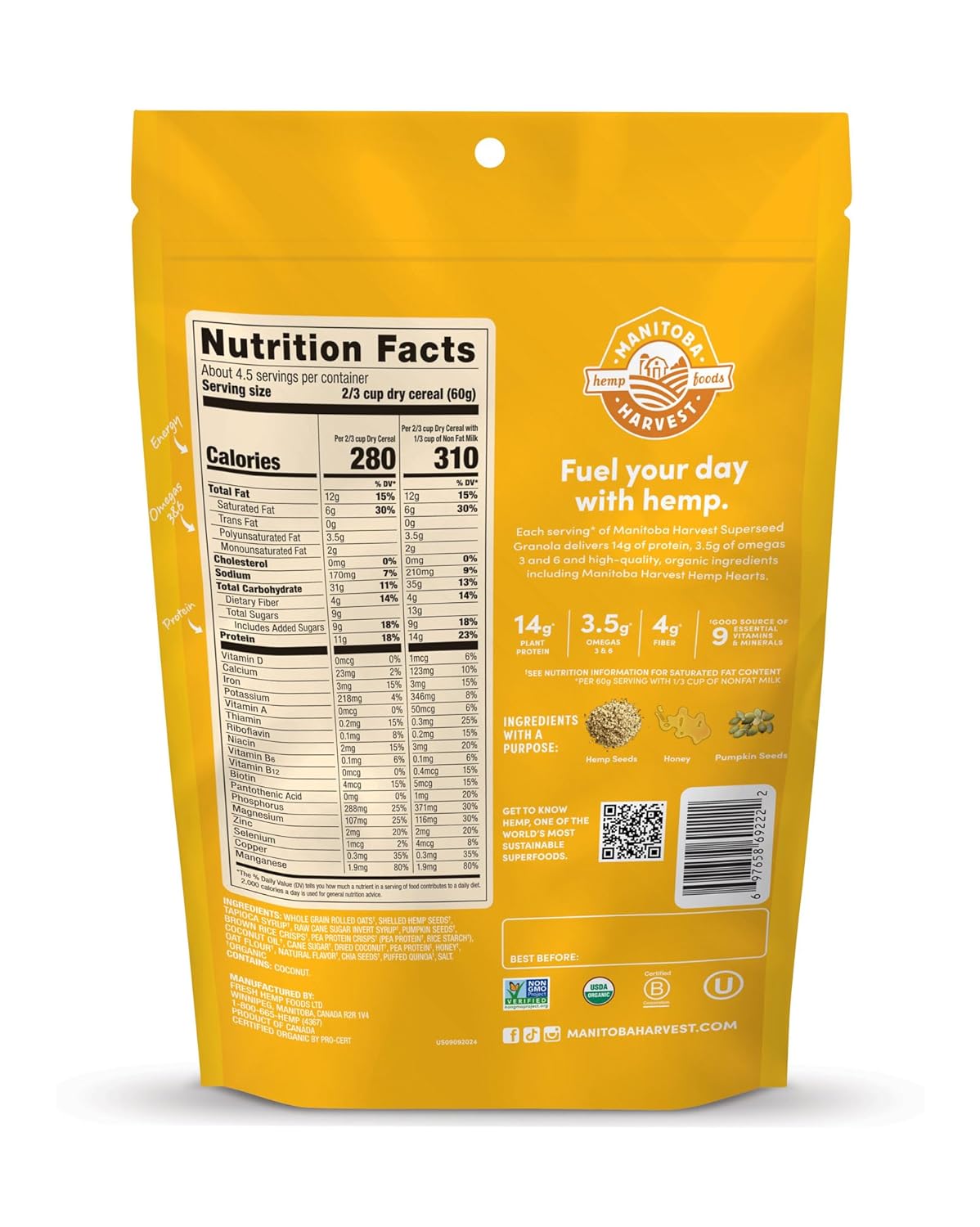 3.5 g of omegas-3 and -6 per serving from hemp and chia