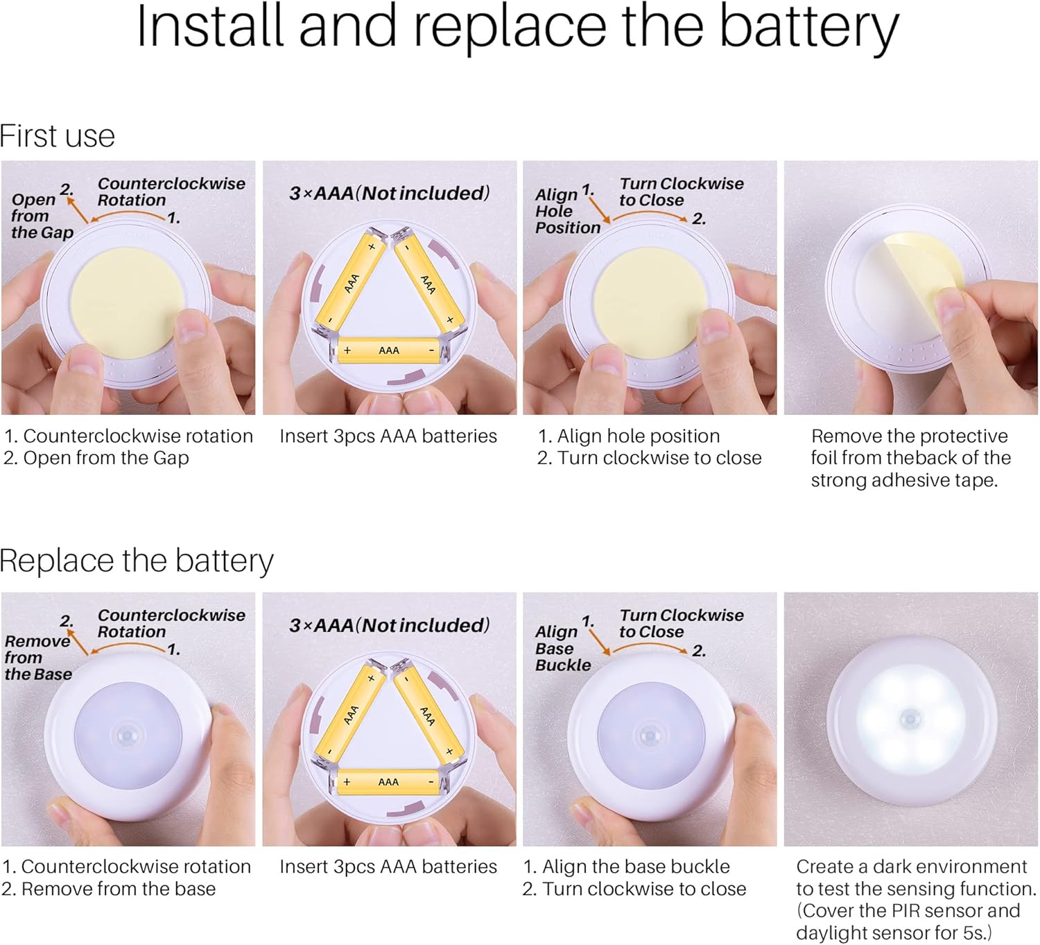 3 aaa battery power per puck (9 total included requirement) with twist-off split housing for easy swap