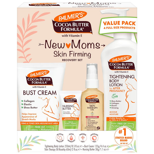 4-piece coordinated set: tightening body lotion (8.5 oz) with q10, nursing butter (1.1 oz), bust cream (4.4 oz), and rosehip skin therapy oil (2 oz)