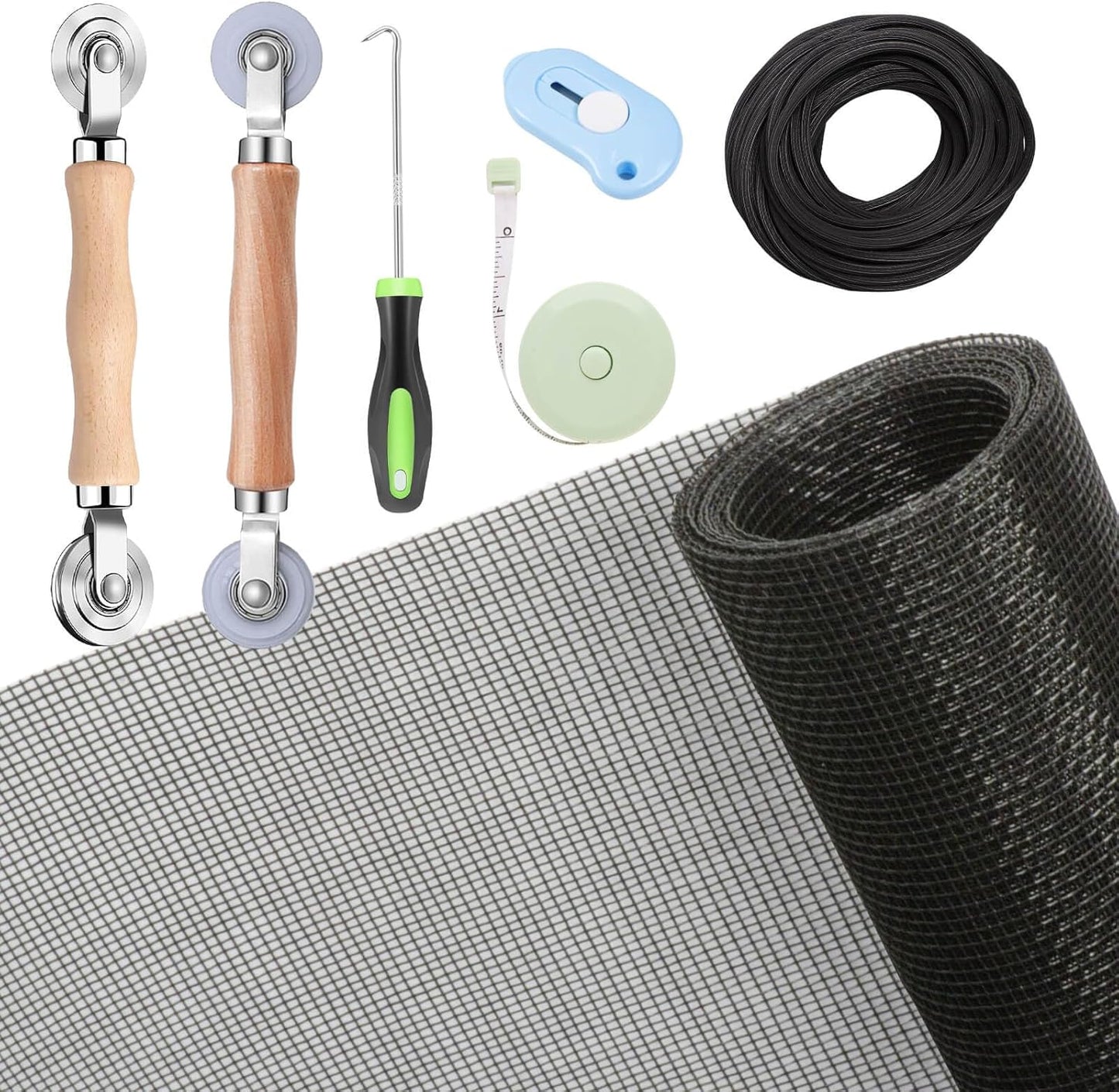 48"x118" or 59"x106" charcoal/gray fiberglass mesh, 4 size+color variants