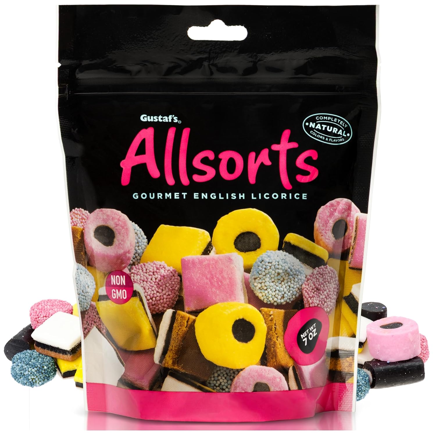 7 oz resealable bag with three licorice varieties: jelly buttons, licorice sandwiches, and coconut rolls