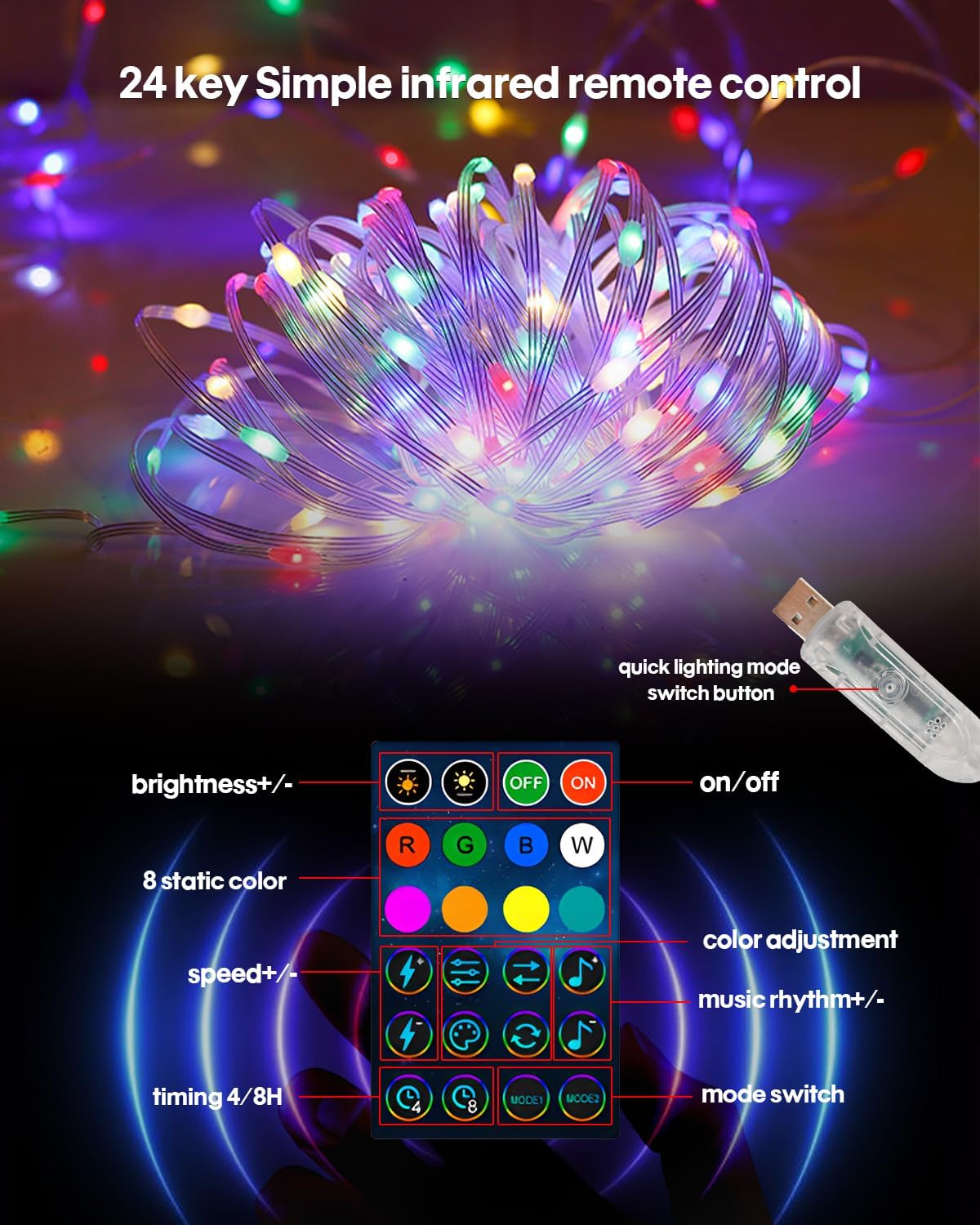 Adecorty Kids Room Fairy Lights – Auto Shutoff Color-Changing String with Remote Control