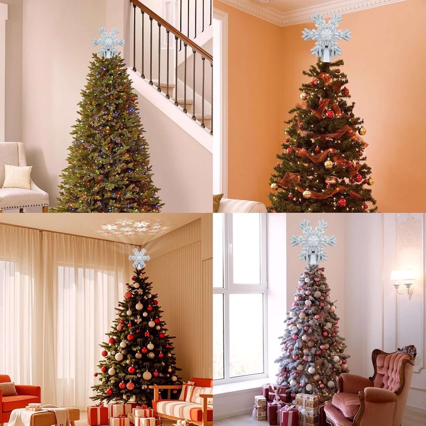 Aurora Glow Smokeless Holiday Tree Top – Cool-Running LED Snowflake Light for Worry-Free Indoor Use