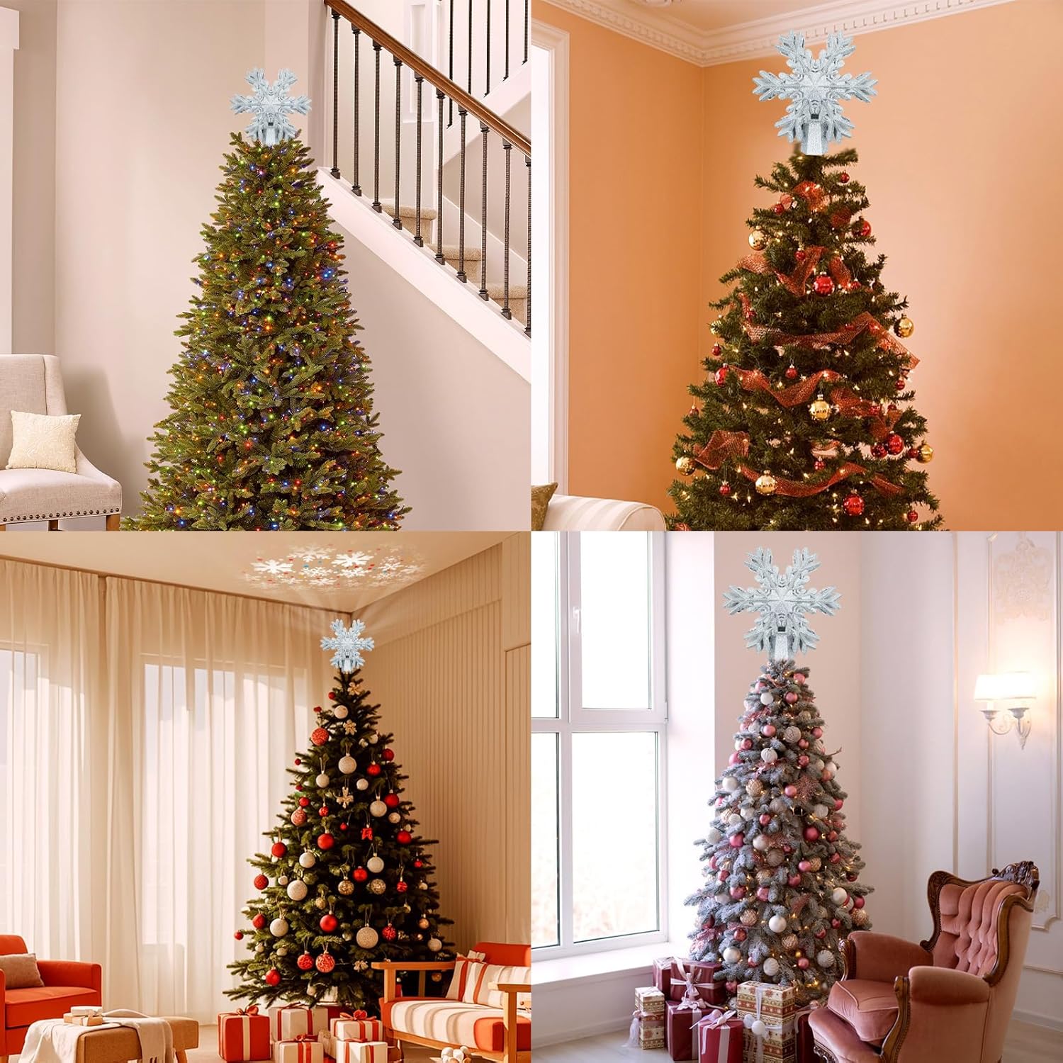 Aurora Glow Smokeless Holiday Tree Top – Cool-Running LED Snowflake Light for Worry-Free Indoor Use
