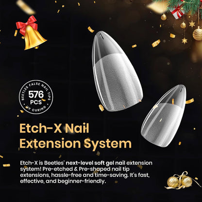 Beetles Gel Nail Tips 576Pcs Pre-shape Short Almond Etch-X Nail Tips – Holiday Beauty Gift for Women, Pre-Shaped Press-On Nail Extensions for Beginners