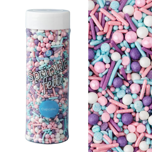 blend of multiple sprinkle formats: jimmies, sugar pearls, nonpareils, confetti quins, and sugar shapes