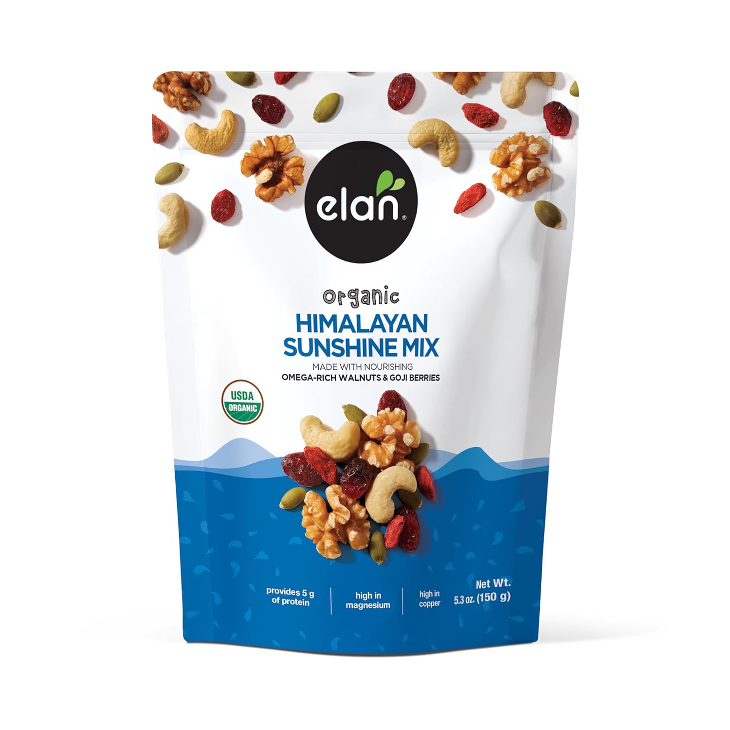 blend of walnuts, cashews, pumpkin seeds, raisins, dried cranberries, and dried goji berries