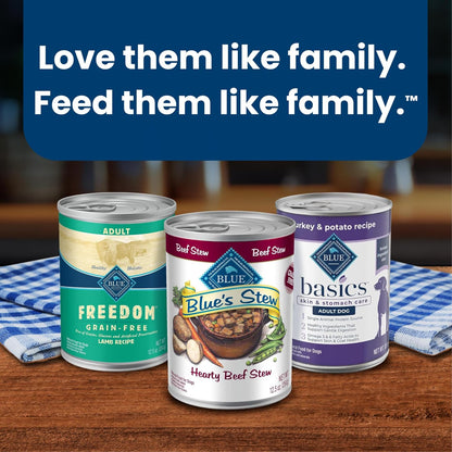 Blue Buffalo Blue's Stew Hearty Beef & Country Chicken Canned Dog Food, High-End Pantry Staple for Gourmet Pet Dining