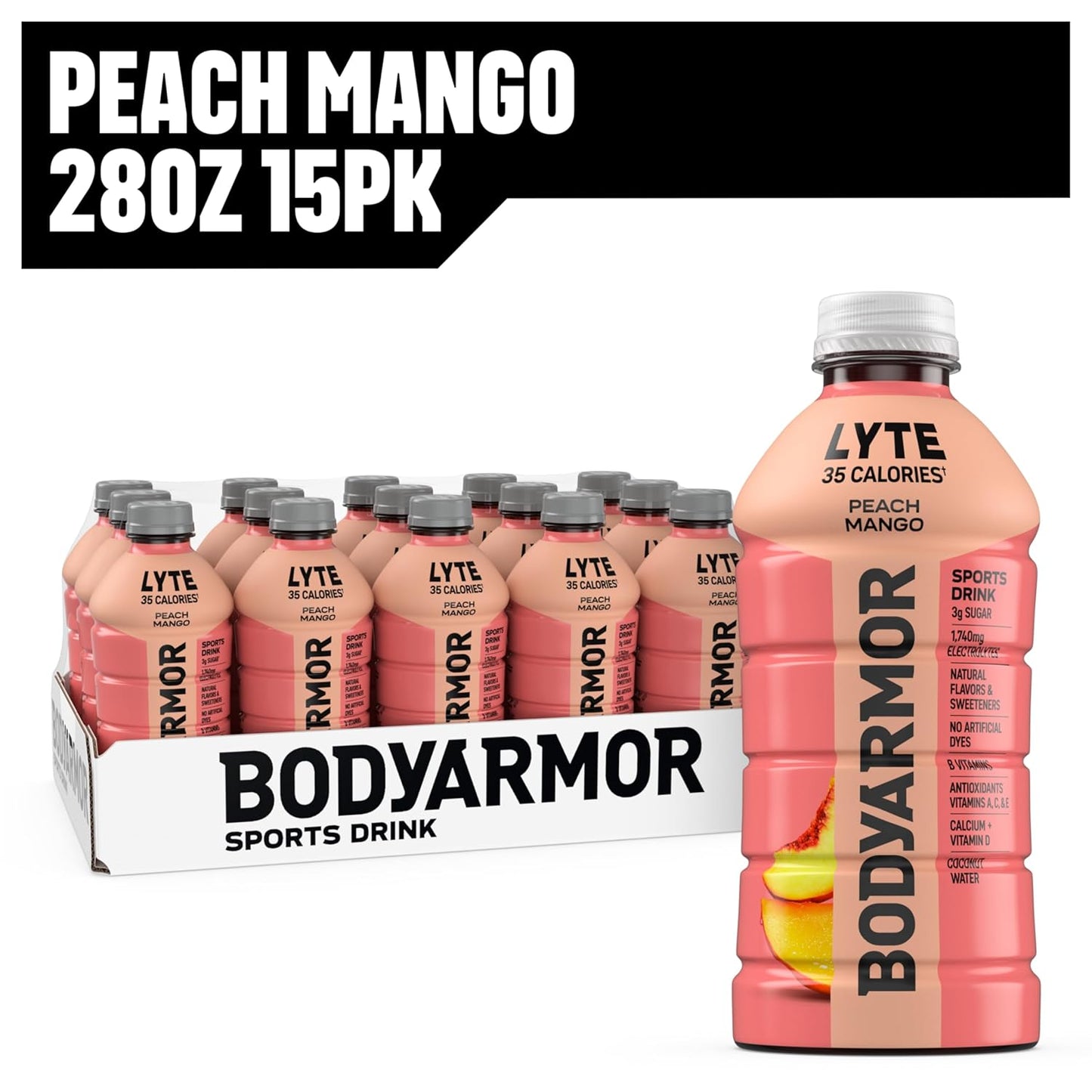 BODYARMOR LYTE Family Friendly Electrolyte Beverage for School Lunch Boxes and Backyard Play, 28 Fl Oz Bottles (15 Pack)