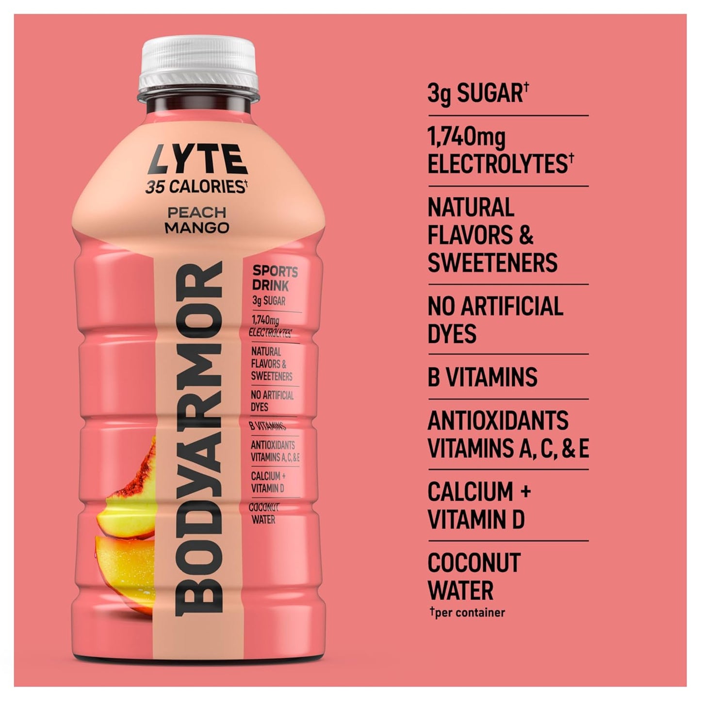 BODYARMOR LYTE Family Friendly Electrolyte Beverage for School Lunch Boxes and Backyard Play, 28 Fl Oz Bottles (15 Pack)