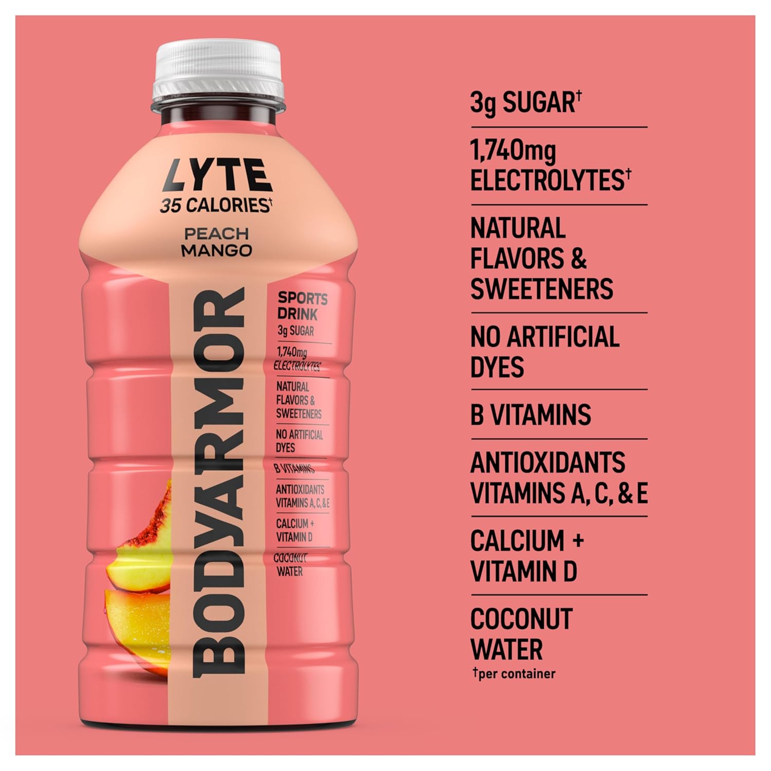 BODYARMOR LYTE Family Friendly Electrolyte Beverage for School Lunch Boxes and Backyard Play, 28 Fl Oz Bottles (15 Pack)