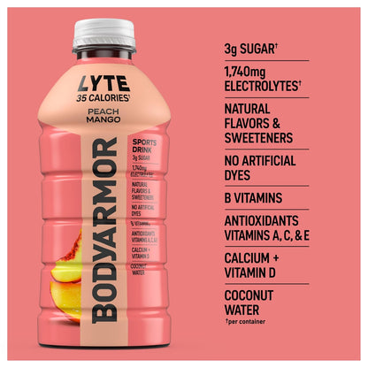 BODYARMOR LYTE Family Friendly Electrolyte Beverage for School Lunch Boxes and Backyard Play, 28 Fl Oz Bottles (15 Pack)