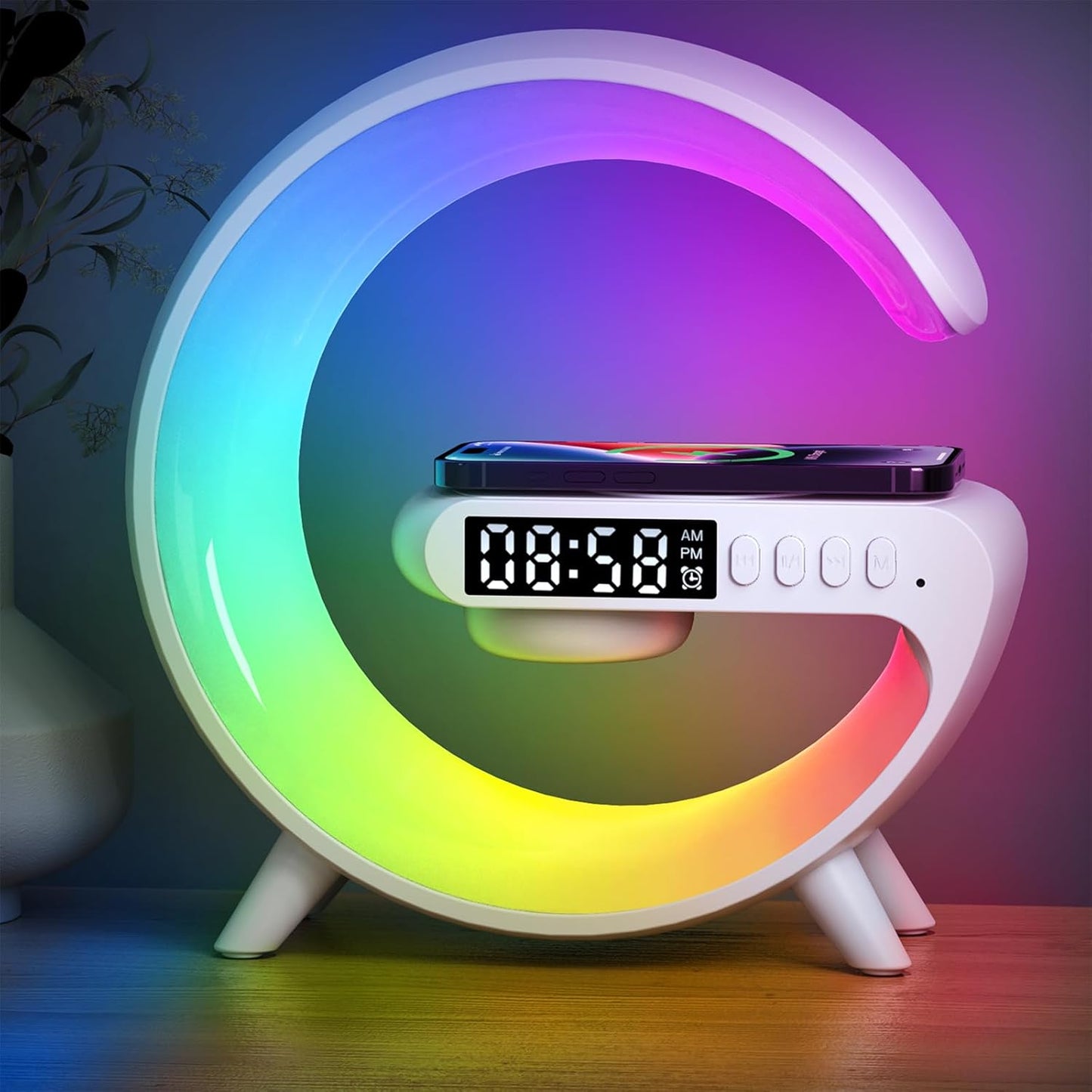 [Brand] Modern G-Shaped Table Lamp – Living Room Accent with Wireless Charger and Speaker