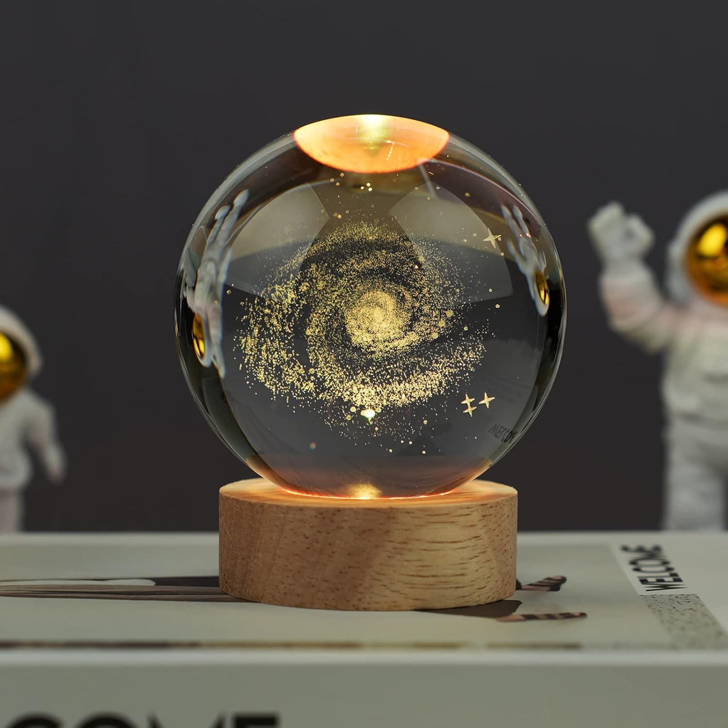[Brand Name] Crystal Galaxy Ball Lamp - Cozy Home Atmosphere Piece, 3D Engraved Color Changing Sphere on Wooden Base