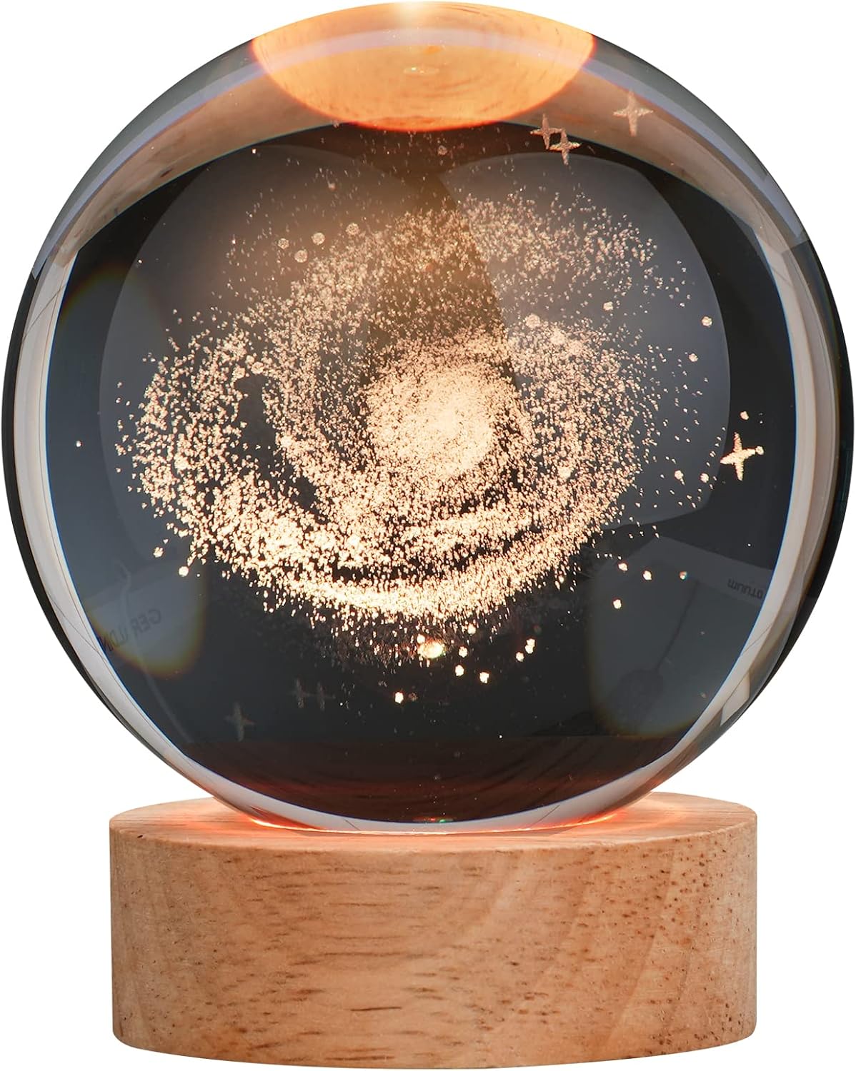 [Brand Name] Crystal Galaxy Ball Lamp - Cozy Home Atmosphere Piece, 3D Engraved Color Changing Sphere on Wooden Base