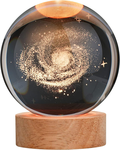 [Brand Name] Crystal Galaxy Ball Lamp - Cozy Home Atmosphere Piece, 3D Engraved Color Changing Sphere on Wooden Base