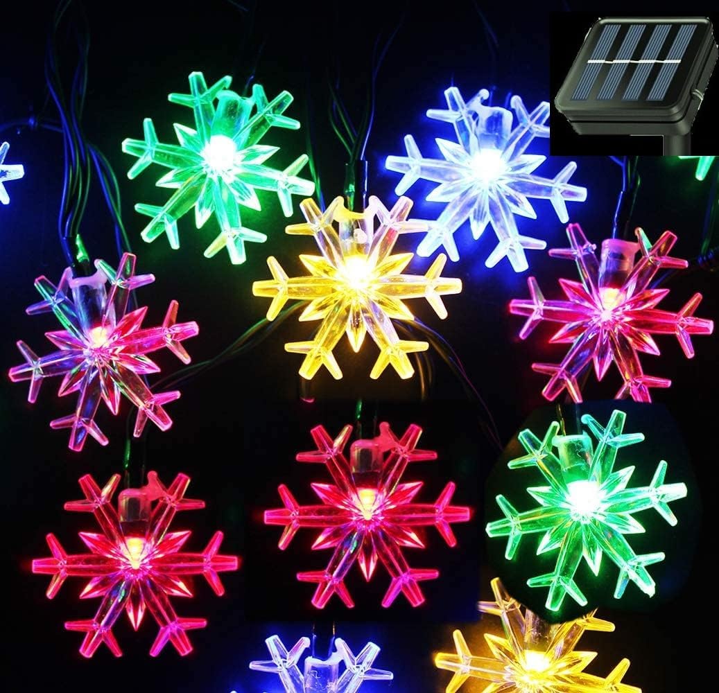 Brightever Solar Christmas Snowflake Lights 20 Ft 30 LED – IP65 Waterproof Outdoor String for Roofline, Porch and Patio Year-Round