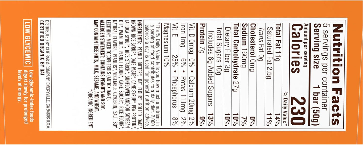 CLIF Nut Butter Bar Peanut Butter – Organic Non-GMO Snack for Low-Sugar Diets, 5-Pack