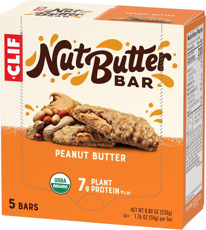 CLIF Nut Butter Bar Peanut Butter – Organic Non-GMO Snack for Low-Sugar Diets, 5-Pack