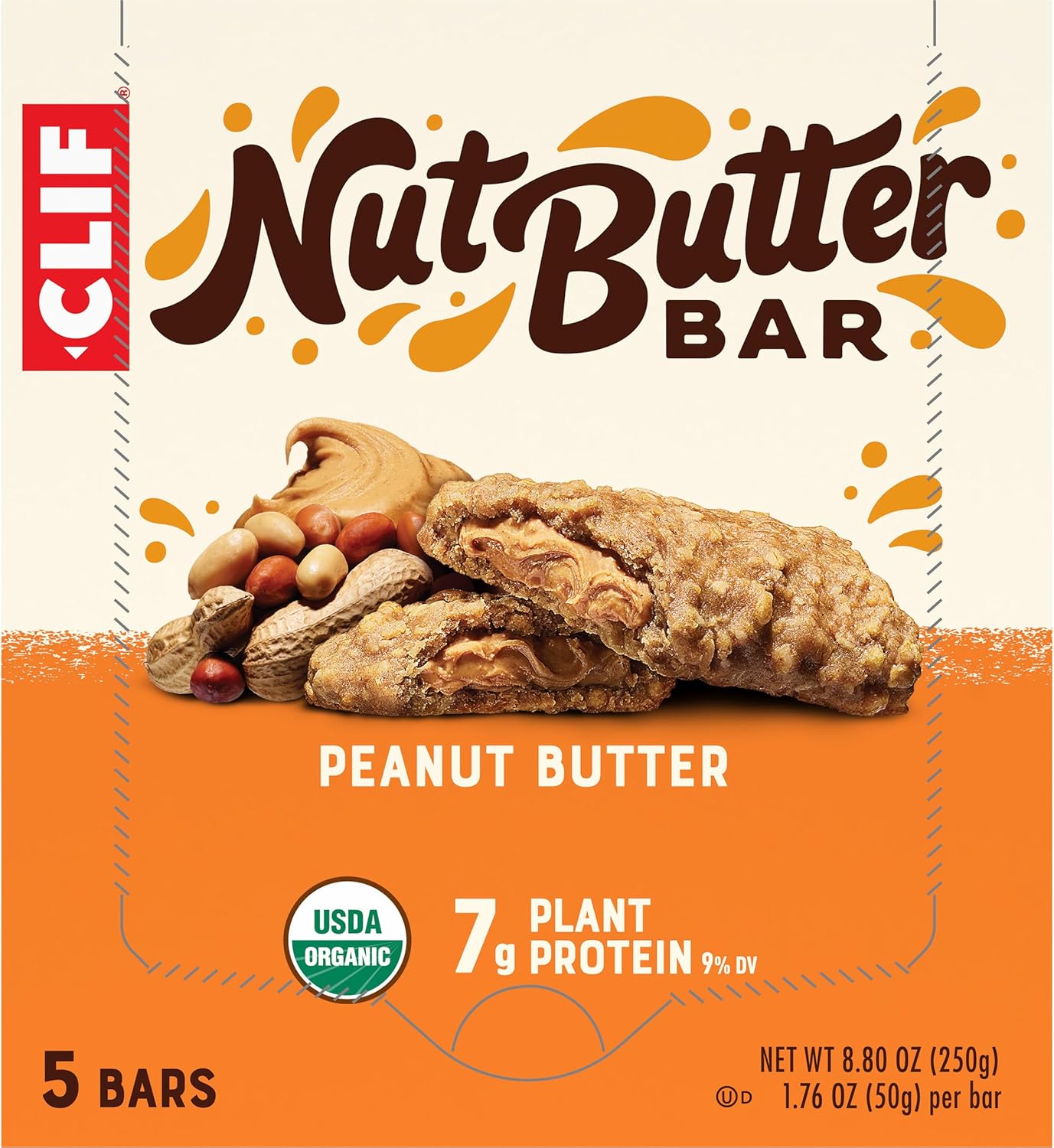 CLIF Nut Butter Bar Peanut Butter – Organic Non-GMO Snack for Low-Sugar Diets, 5-Pack