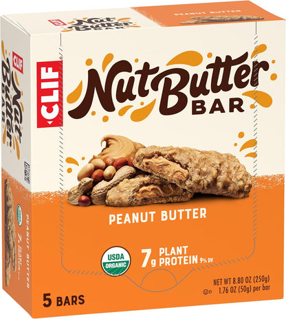 CLIF Nut Butter Bar Peanut Butter – Organic Non-GMO Snack for Low-Sugar Diets, 5-Pack