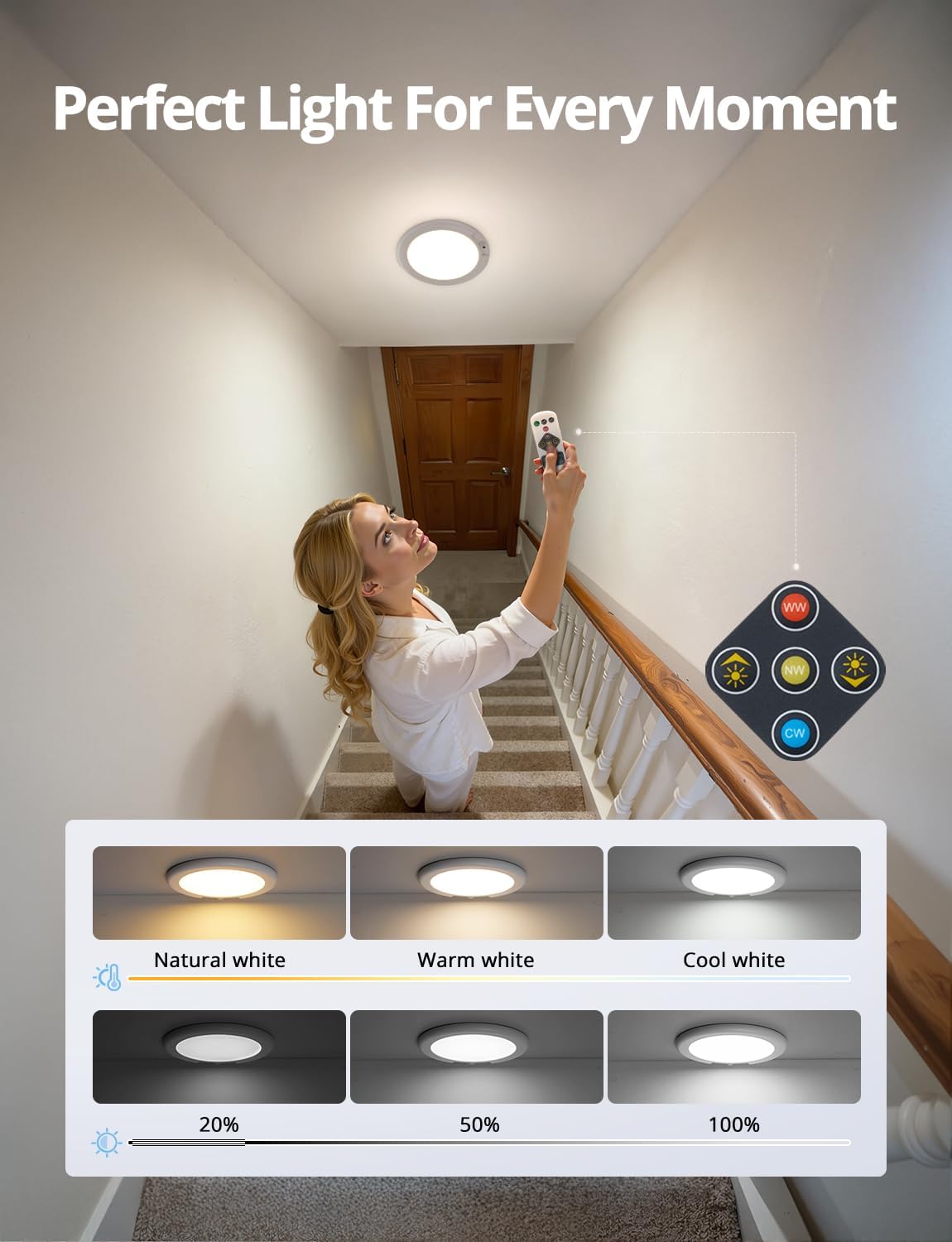 Combuh Battery Powered Overhead Light – Living Room Aesthetic Upgrade with Warm to Cool Color Tuning and Dimming Remote