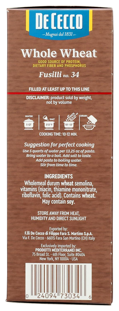 De Cecco Whole Wheat Fusilli – Filling Whole Wheat Spiral Pasta for Family Weeknight Dinners