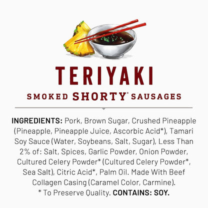 Duke's Pork Teriyaki Smoked Shorty Sausages – Heat-Tolerant Road Trip and Backpacking Jerky Alternative, 5 oz