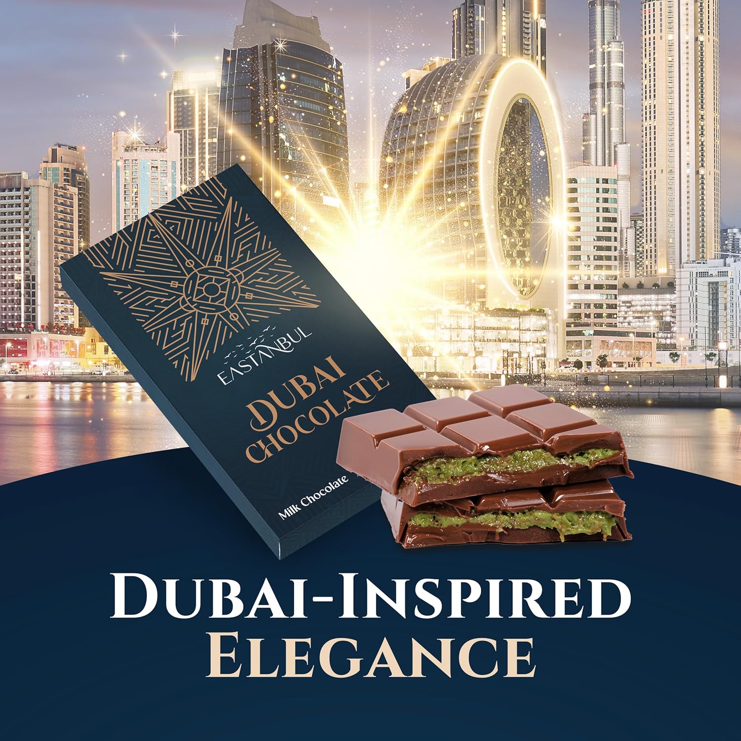 Eastanbul Dubai Style Pistachio Chocolate – Cozy Night-In Wind-Down Reward, 2.5oz Layered Crunchy Chocolate Treat