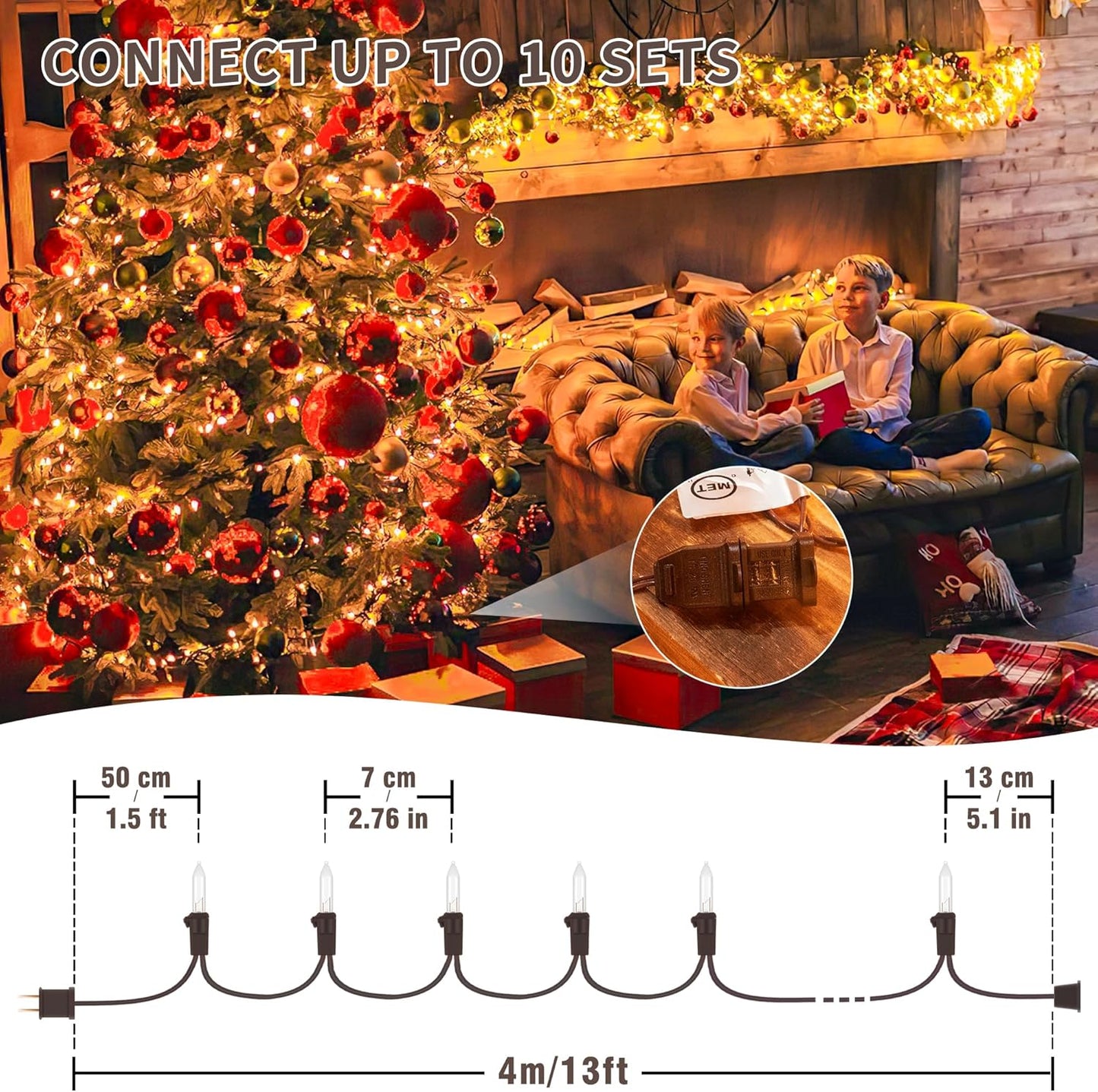 end-to-end male and female plugs connectable up to 10 strings (130 ft)