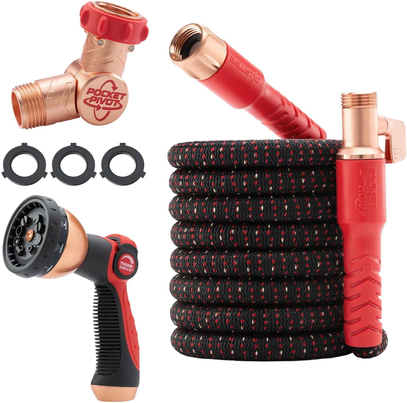 expands up to 3x to a full-flow 3/4-inch hose then contracts for storage