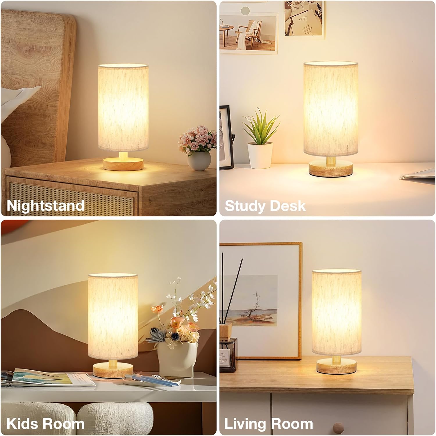 Fenmzee Bedside Lamp for Kids Room - Toddler-Friendly Nightstand Lamp with Wood Base and No Hot Bulb Surface