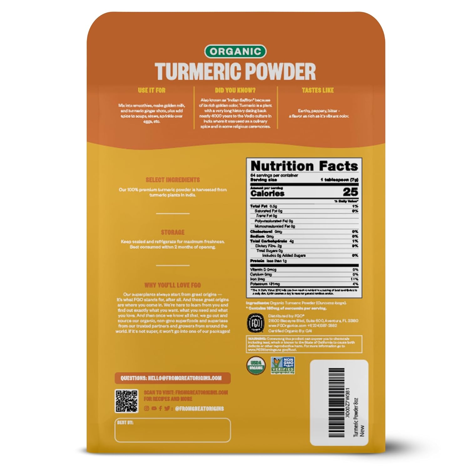 FGO Organic Turmeric Powder – Clean-Label Spice for Intentional Kitchens, No Fillers, 8oz