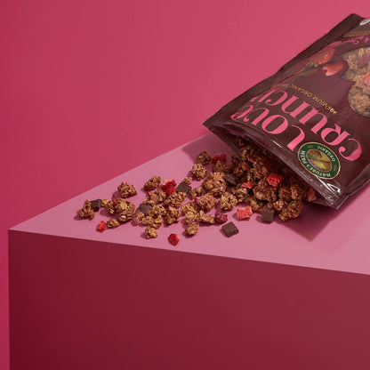 five flavor variants including dark chocolate & red berries, macaroon/dark chocolate, apple chia crumble, dark chocolate & peanut butter, and double chocolate chunk